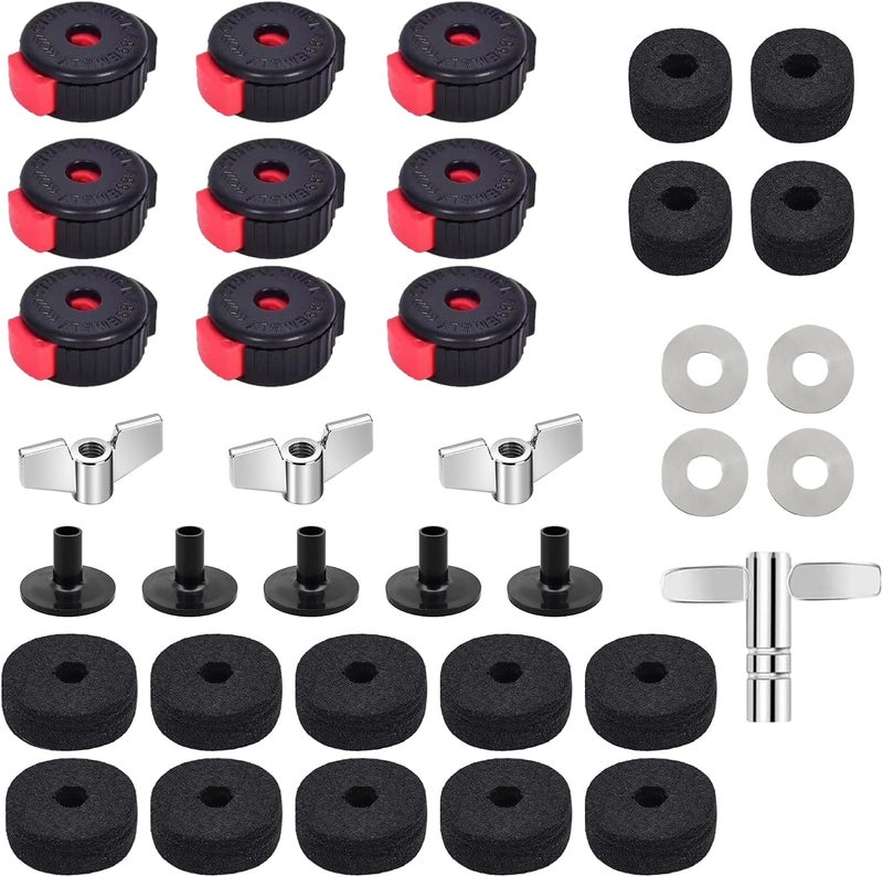 Seteol 36 PCS Cymbal Replacement Accessories, Clutch Felts, Drum Cymbal Felt Pads Include Wing Nuts & Washers & Plastic Cymbals Sleeves & Drum Key and Plastic Cymbals Nuts, Replacement for Drum Set,Red - Image 1